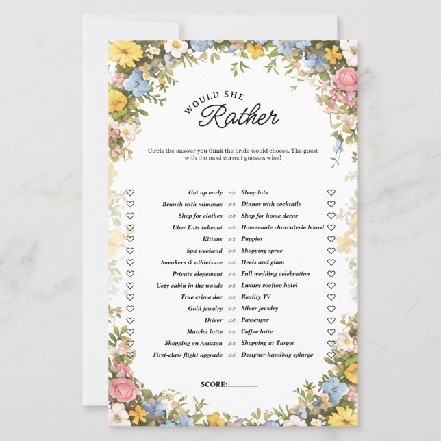 Floral Tea Party Would She Rather Bridal Game (正面)