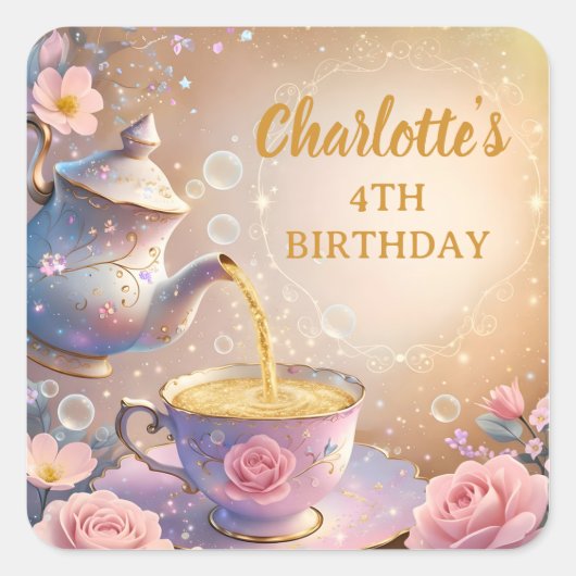 Floral Teacup & Teapot - Pastel Elegant Tea Party スクエアシール (正面)