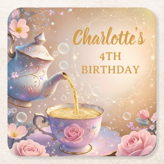 Floral Teacup & Teapot - Pastel Elegant Tea Party スクエアペーパーコースター (正面)