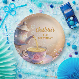 Floral Teacup & Teapot - Pastel Elegant Tea Party ペーパープレート