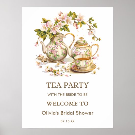 Floral TeaParty Time for Tea Bridal Shower Welcome ポスター (正面)