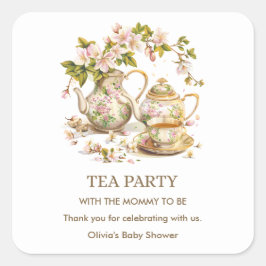 Floral Teapot Tea Party Time for Tea Baby Shower  スクエアシール