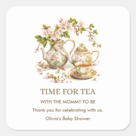 Floral Teapot Time for Tea Baby Shower  スクエアシール