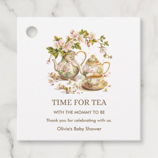 Floral Teapot Time for Tea Baby Shower フェイバータグ (正面)