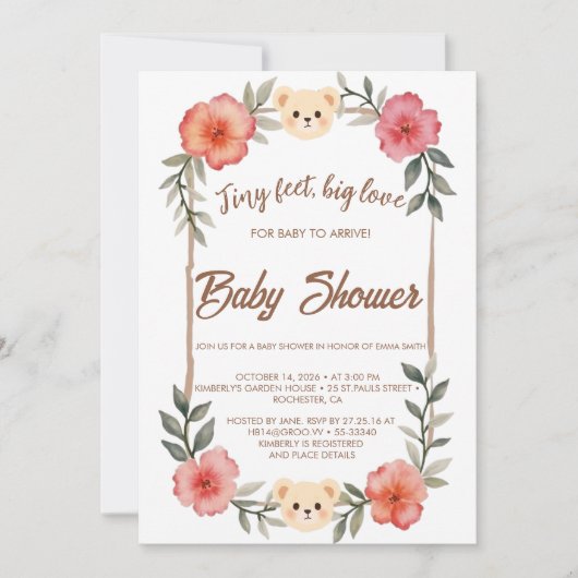  Floral Teddy Bear Baby Shower Invitation Neutral  招待状 (正面)