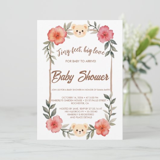  Floral Teddy Bear Baby Shower Invitation Neutral  招待状 (スタンド正面)