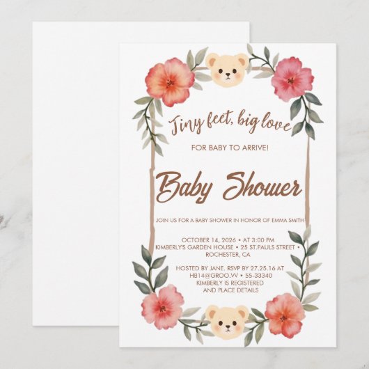  Floral Teddy Bear Baby Shower Invitation Neutral  招待状 (正面/裏面)