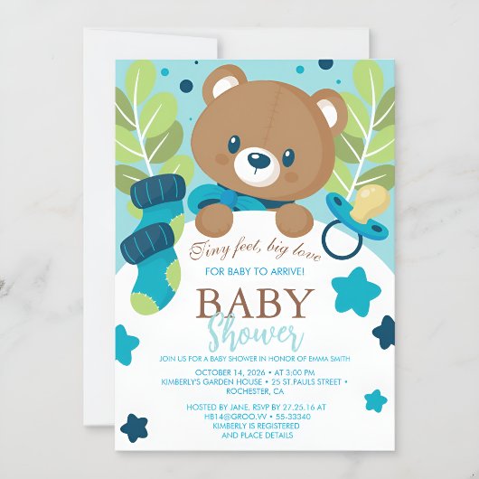  Floral Teddy Bear Baby Shower Invitation Neutral  招待状