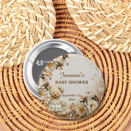 Floral Teddy Bear Baby Shower Party Button 缶バッジ