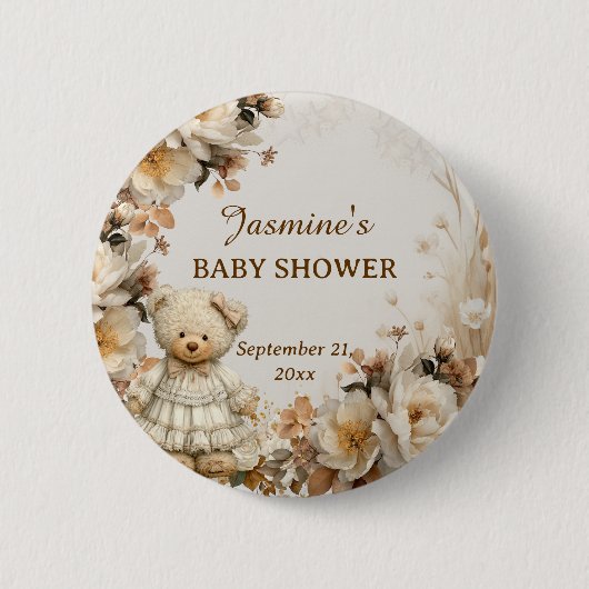 Floral Teddy Bear Baby Shower Party Button 缶バッジ (正面)