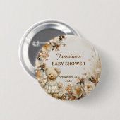 Floral Teddy Bear Baby Shower Party Button 缶バッジ (正面&裏面)