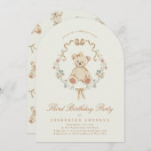 Floral Teddy Bear Sage Girl 2nd Birthday Party 招待状 (正面/裏面)