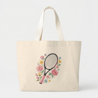 Floral Tennis Tote Bag Cute Tennis Racket Flowers ラージトートバッグ