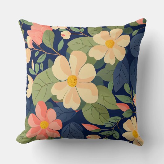 Floral Throw Pillow Navy Peach Pink Botanical Gard クッション (正面)
