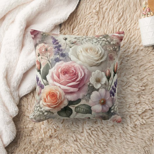 Floral Throw Pillow with Pink and White Roses クッション (ブランケット)
