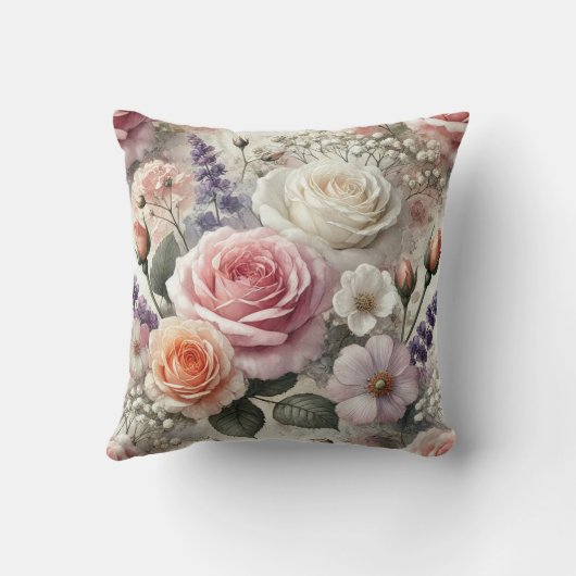 Floral Throw Pillow with Pink and White Roses クッション (裏面)