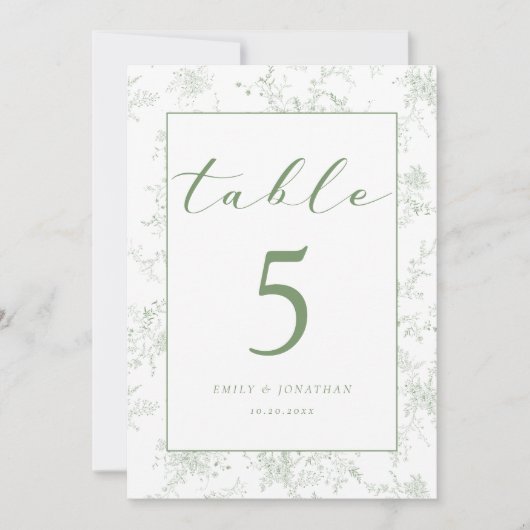 Floral Toile Green Wedding Table Card 招待状 (正面)