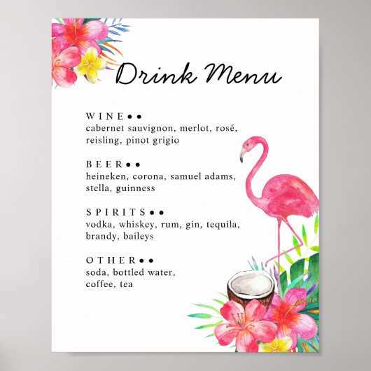 Floral Tropical Paradise Flamingo Drinks Menu ポスター (正面)