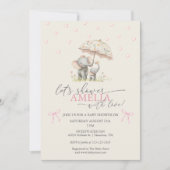 Floral Umbrella Elephant Baby Girl Shower 招待状 (正面)