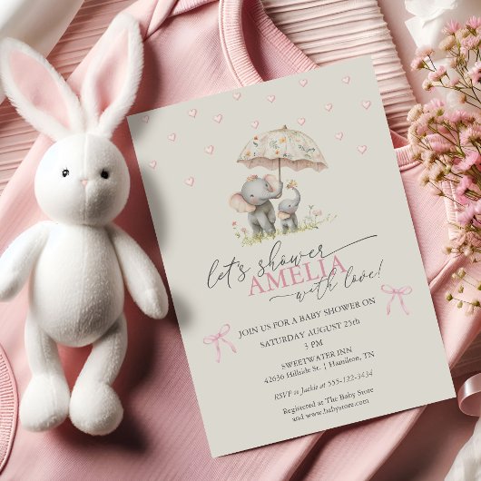 Floral Umbrella Elephant Baby Girl Shower 招待状