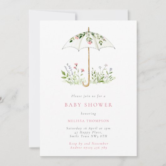 Floral Umbrella Spring Baby Shower 招待状 (正面)