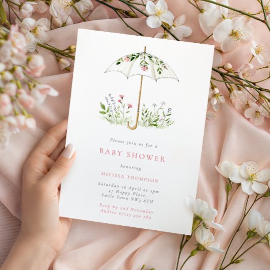 Floral Umbrella Spring Baby Shower 招待状