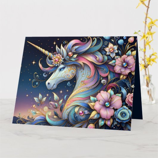Floral Unicorn Night Fantasy カード (黄色い花)