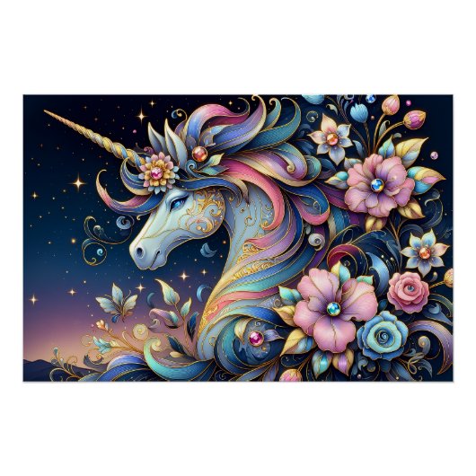 Floral Unicorn Night Fantasy ポスター (正面)