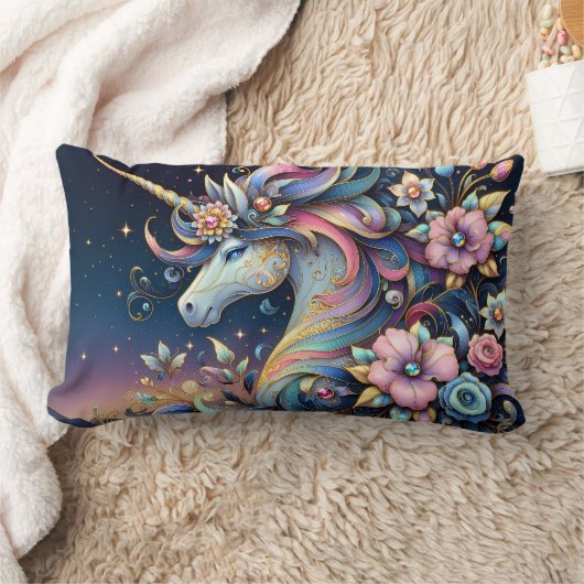 Floral Unicorn Night Fantasy ランバークッション (ブランケット)