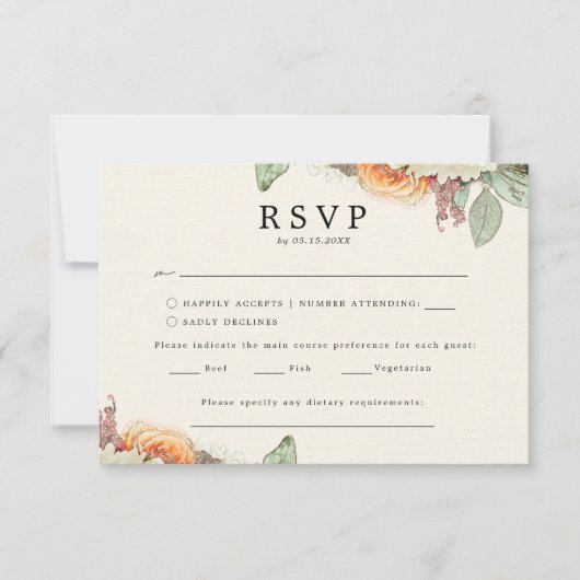 Floral Vintage Eucalyptus Roses Menu Choice RSVP (正面)