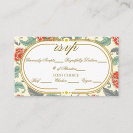 Floral Vintage Red Green Gold Tone Wedding RSVP エンクロージャーカード