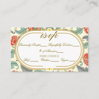 Floral Vintage Red Green Gold Tone Wedding RSVP エンクロージャーカード