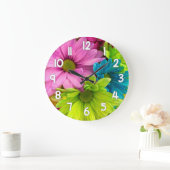 Floral Wall Clock – Pink Green Blue Flower ラージ壁時計 (ホーム)