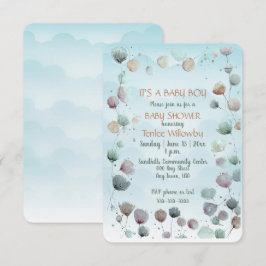 Floral Watercolor Baby Boy Shower Invitation 招待状