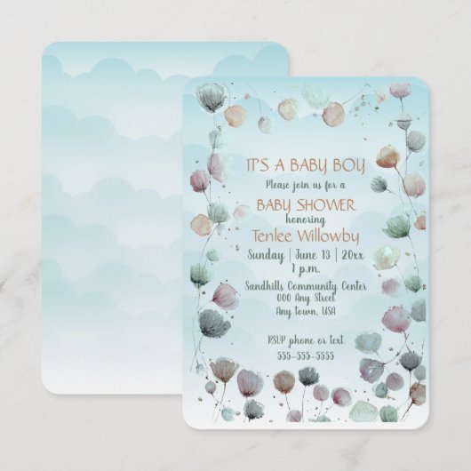 Floral Watercolor Baby Boy Shower Invitation 招待状 (正面/裏面)