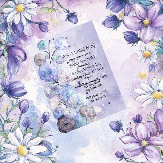 Floral Watercolor Baby Boy Shower Invitation 招待状