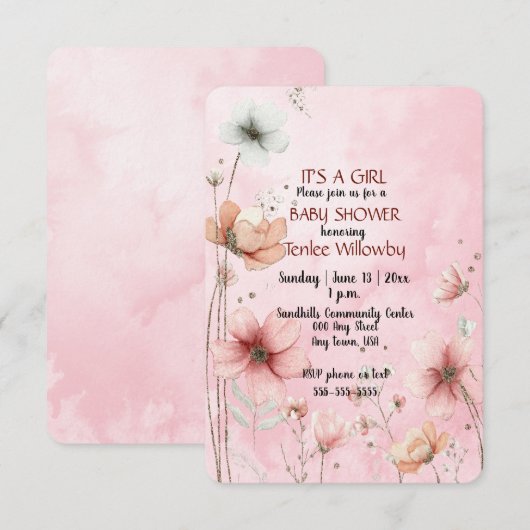 Floral Watercolor Baby Girl Shower Invitation 招待状 (正面/裏面)
