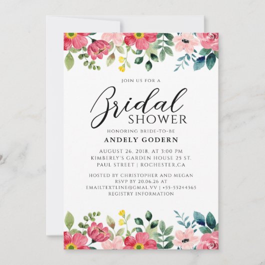 Floral Watercolor Bridal Shower 招待状 (正面)