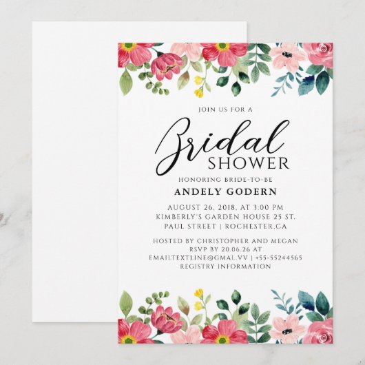 Floral Watercolor Bridal Shower 招待状 (正面/裏面)