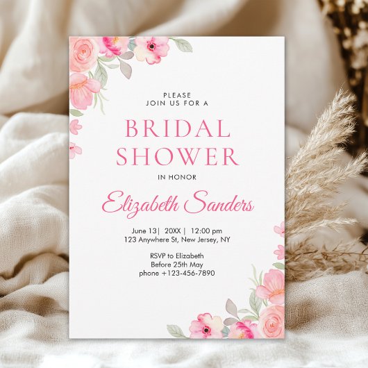 Floral Watercolor Bridal Shower | Pink Roses  招待状