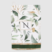 Floral Watercolor Foilage Gold Glitter Monogram ゴルフタオル (正面)