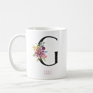 Floral Watercolor G Monogram Name Black Polka Dot  コーヒーマグカップ
