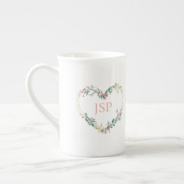 Floral Watercolor Heart with Leaves in Pink ボーンチャイナマグカップ