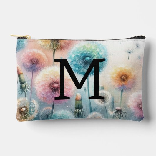 Floral watercolor monogram pink blue dandelions  アクセサリーポーチ (正面)