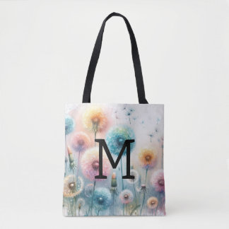Floral watercolor monogram pink blue dandelions  トートバッグ