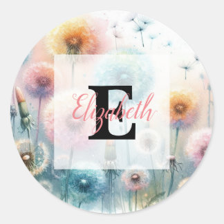 Floral watercolor monogram pink blue dandelions  ラウンドシール