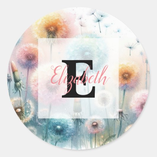 Floral watercolor monogram pink blue dandelions ラウンドシール (正面)