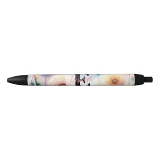 Floral watercolor monogram pink blue dandelions  黒ボールペン