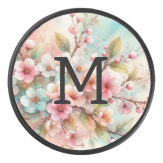 Floral watercolor monogram pink cherry blossoms  アイスホッケーパック