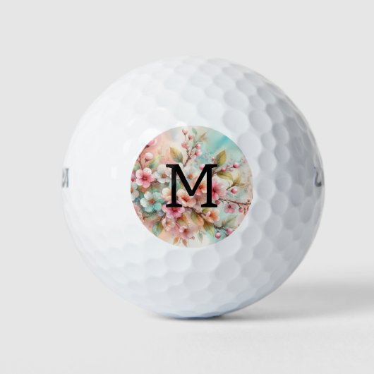 Floral watercolor monogram pink cherry blossoms  ゴルフボール (正面)